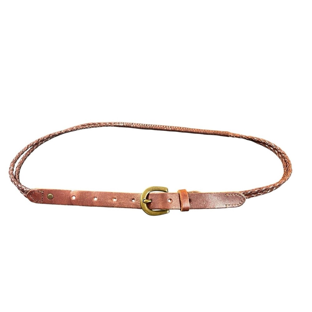 VTG Braided Leather Skinny Belt Brown Two Back Loops Boho Western Women’s S